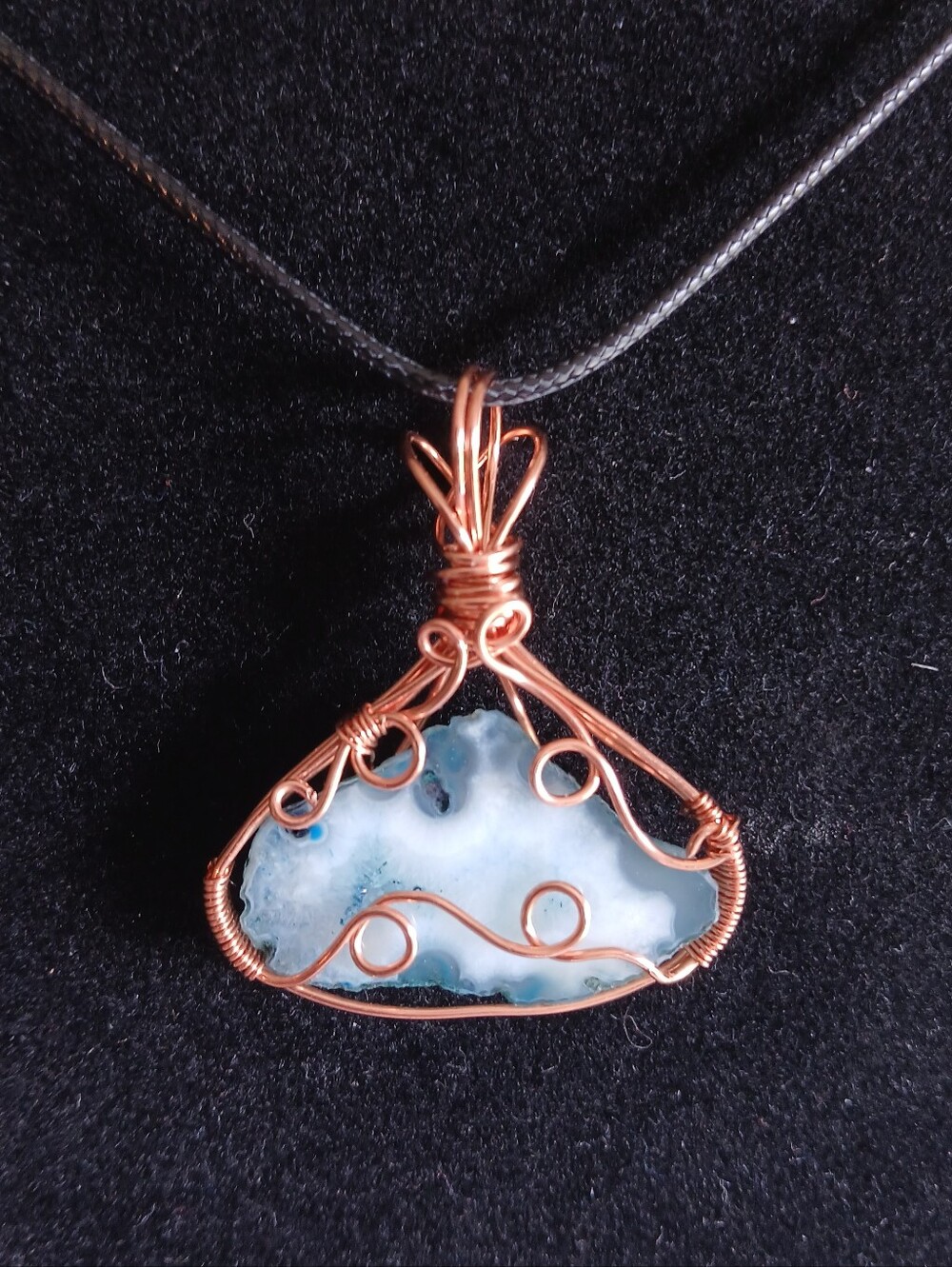 Copper wire wrapped teal blue agate slice pendant with black cord necklace new
